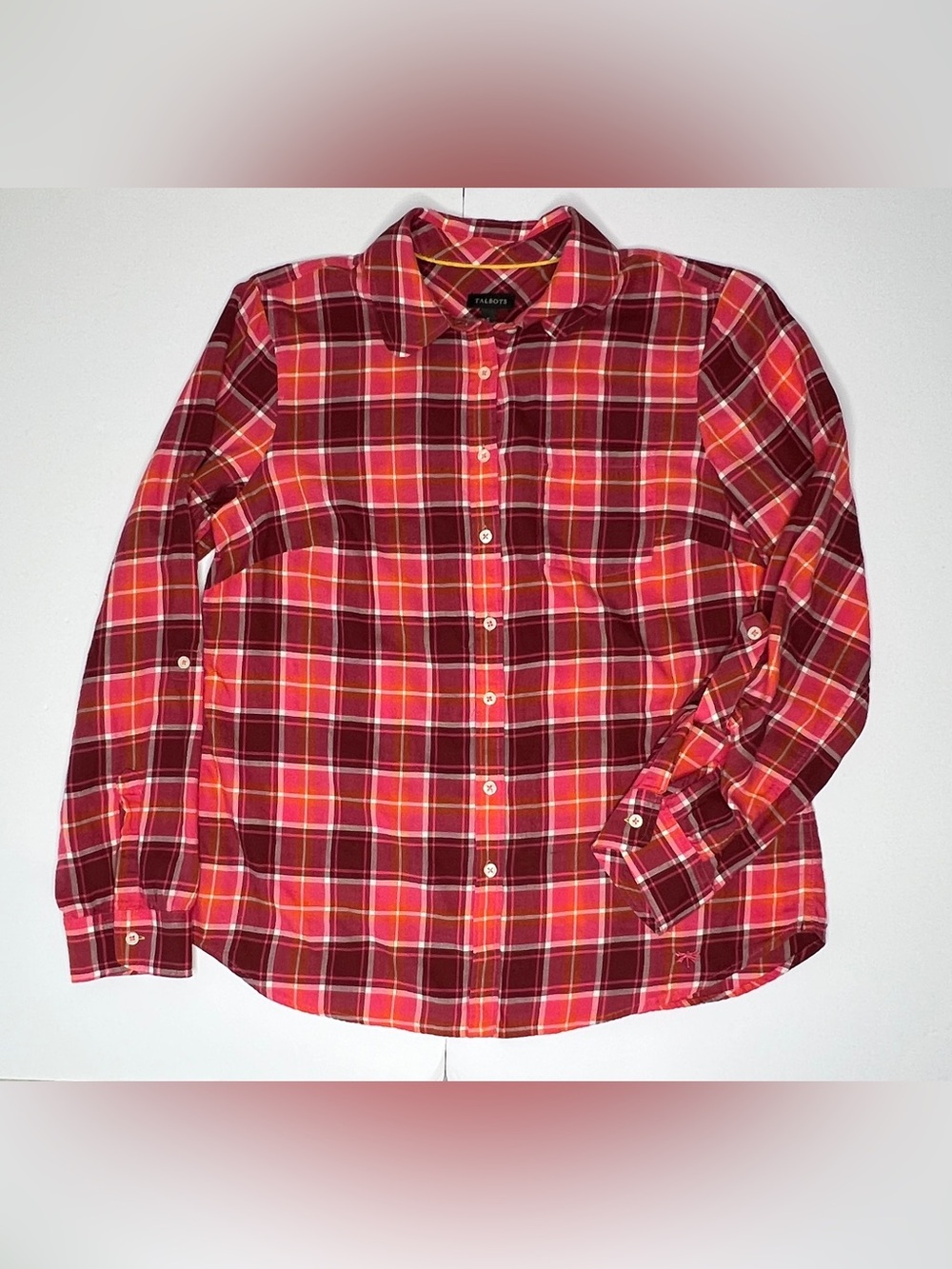 Talbots 100% Cotton Red Pink Plaid Long Sleeve Button Up Shirt Size Small